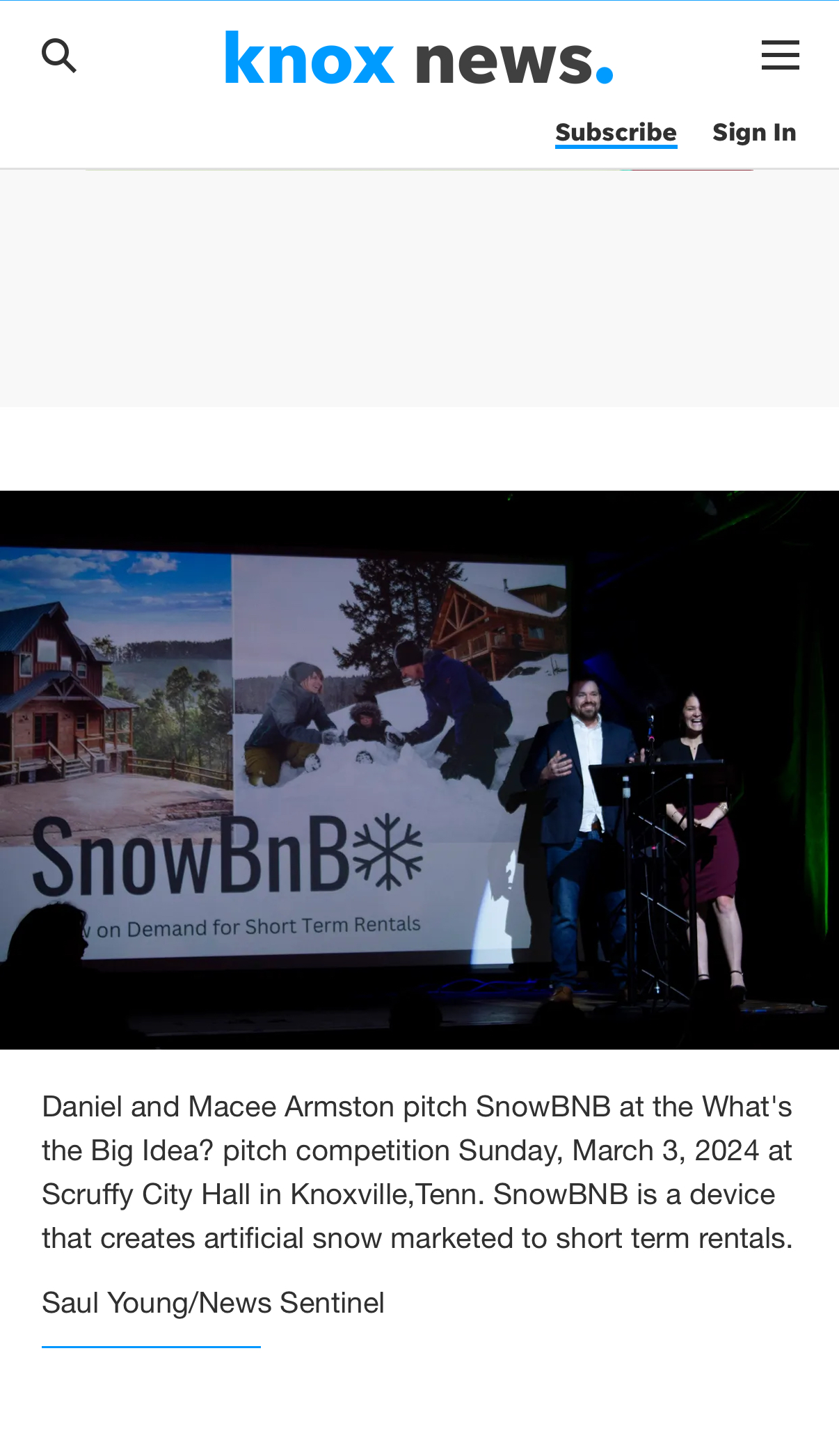 Daniel and Macee Armston pitching SnowBnB at What's the Big Idea?