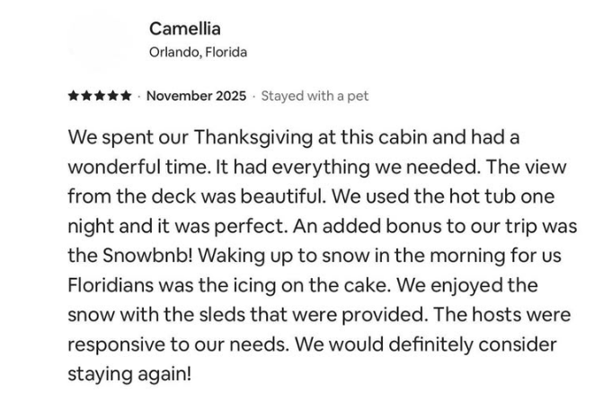 Airbnb review from Camellia